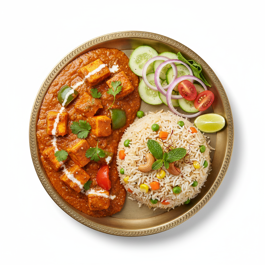 Kadhai Paneer with Vegetable Pulao & Salad