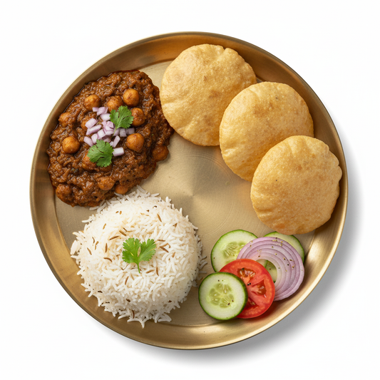 Chole Masala + 3 Puri + Jeera Rice + Salad