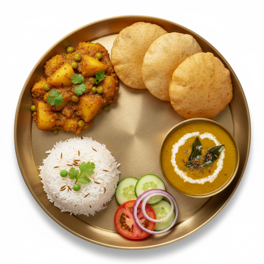 Aloo Sabzi + 3 Puri + Rice + Dal + Salad