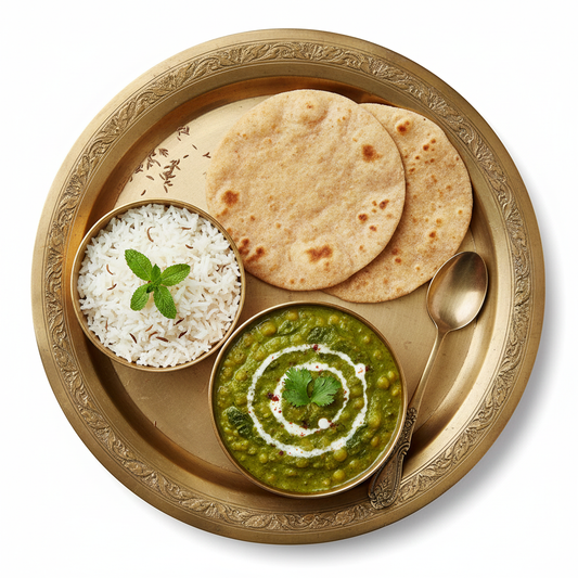 Palak Moong Dal with Roti and Jeera Rice