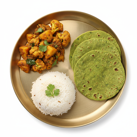 Aloo Gobi + 3 Palak Roti + Jeera Rice