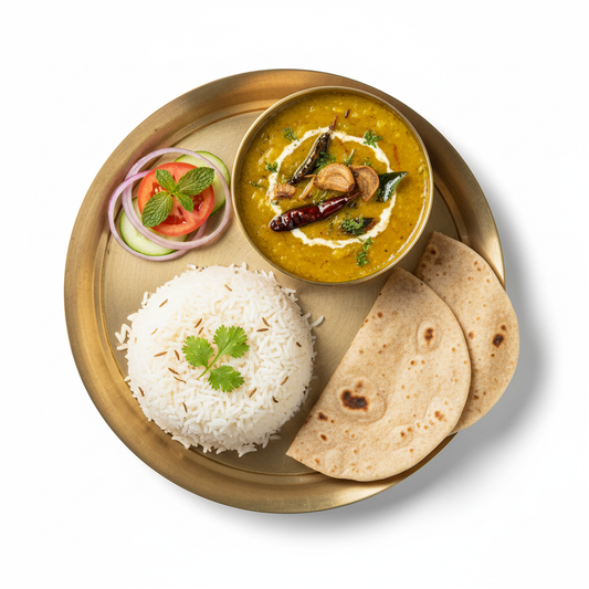 Rice, Dal Fry, 3 Rotis, Salad